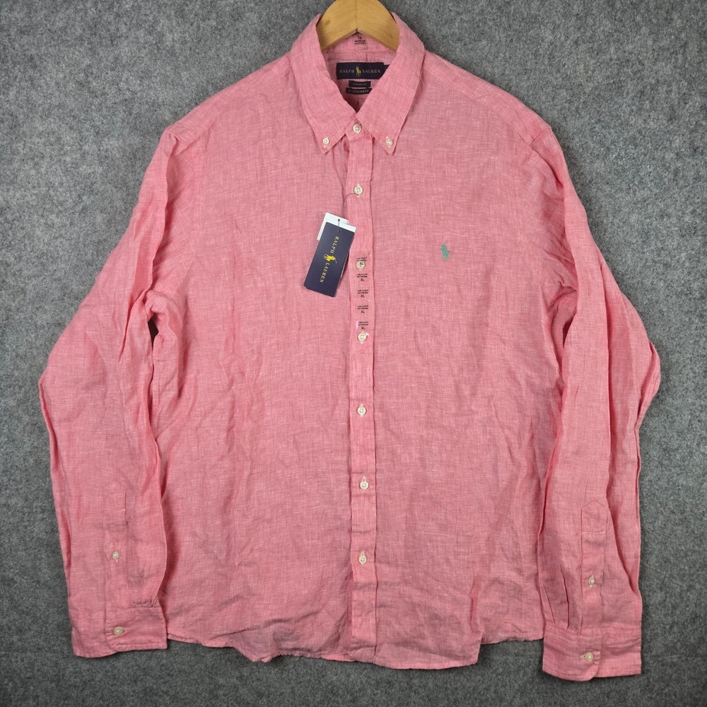 Ralph Lauren 100% Linen Shirt Mens XL Pink Button Long Sleeve‎ Untucked Fit NEW